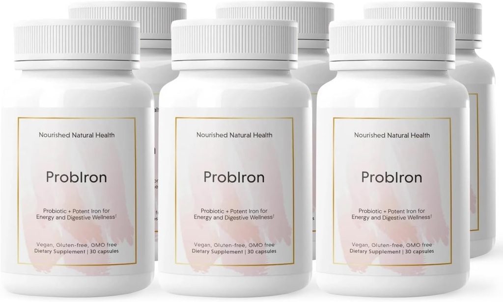 ProbIron de Santé Naturelle Nourri - Probiotique pour femmes + supplément de fer boosté avec vitamine C et cuivre - Formule Vegan pour l'énergie et le bien-être digestif - 180 Capsules
