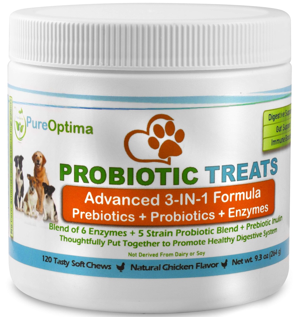 Probiotiques Mâches pour chiens, enzymes digestives + prébiotiques améliore la digestion, la diarrhée, la constipation, le gaz, la mauvaise respiration, le museau maigre, l'immunité allergique Supplément quotidien 120 Nombres
