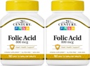 21st Century 800 mcg Folic Acid Tablets, Assorted, 180 Count (Pack of 2)