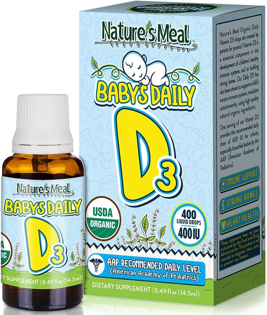 Repas de la nature - gouttes de vitamine D pour les nourrissons, gouttes de vitamine D pour le système immunitaire, la santé cardiaque et la santé des os, vitamine D liquide avec vitamine D3 400 UI par portion, non aromatisée, 14,5 ml