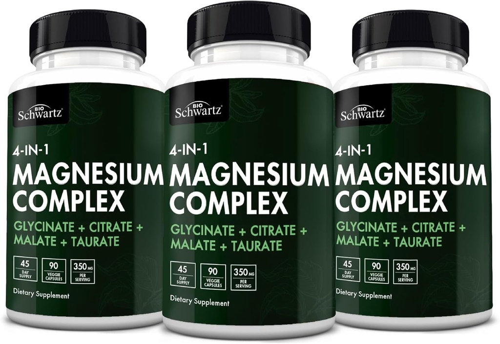 BioSchwartz Magnesium Complex Complement (3 Pack) 350mg Magnésium Glycinat Citrate Malate et Taurate par service pour les nerfs sains Muscles Heart Sommeil Support (Vegan, sans gluten, sans OGM)
