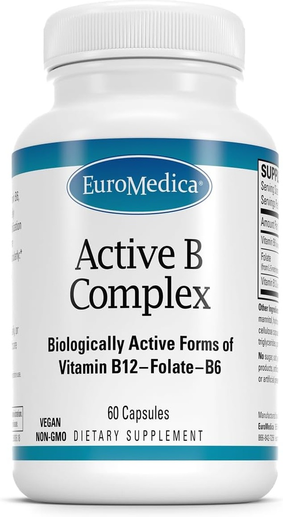 Complexe EuroMedica Active B - Supplément à l'aide à la santé cardiaque avec des vitamines bioactives B - Supplément au folate et au calcium - Capsules complexes B pour aider le système nerveux Santé et fonction - 60 Capsules