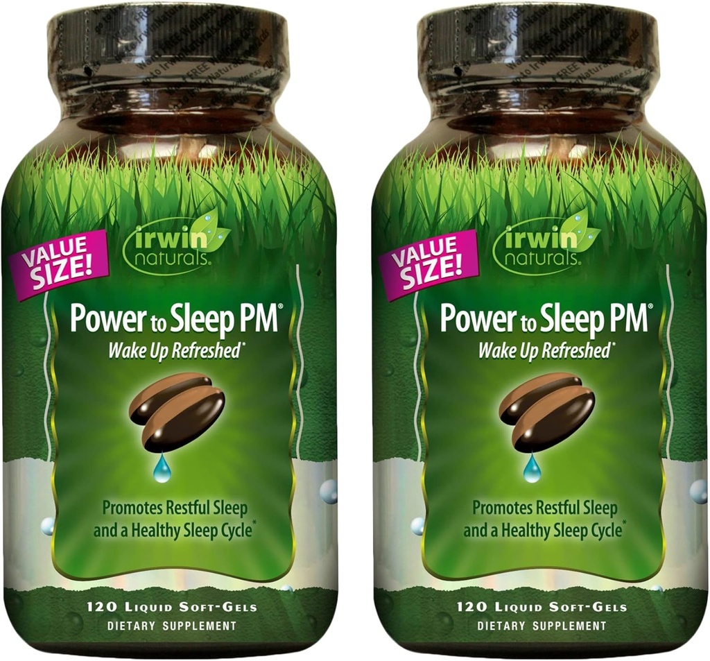 Irwin Naturals Power to Sleep PM - 120 Liquid Soft-Gels, pack de 2 - avec Melatonine, GABA, Ashwagandha, Valerian Root & L-Theanine - 120 Total des services