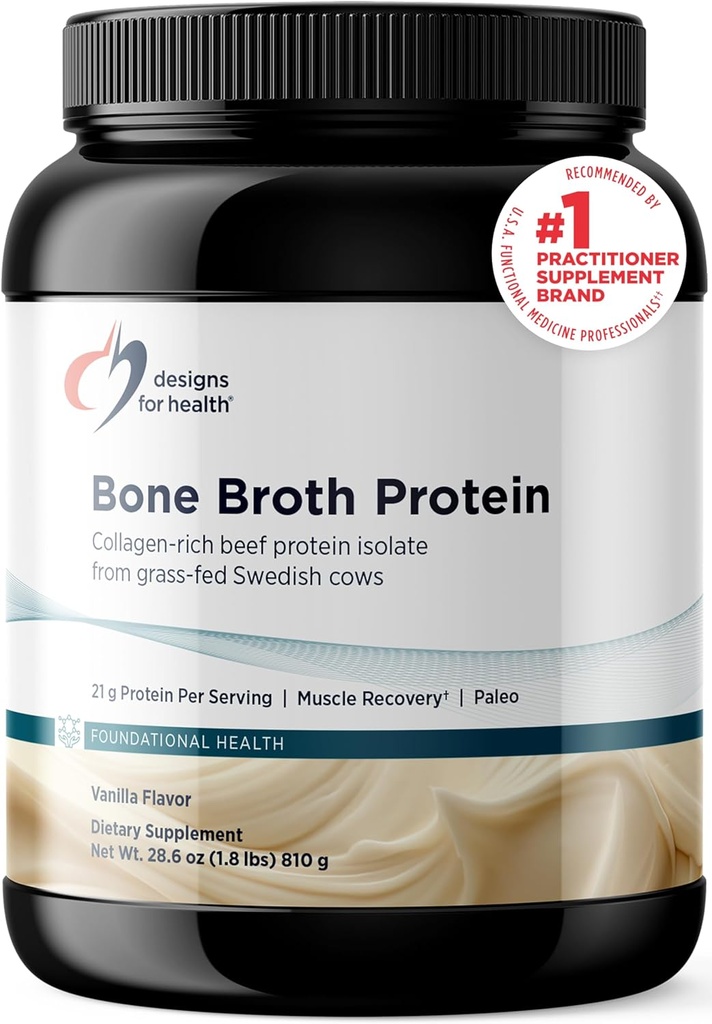 Designs for Health Bone Broth Protein Powder – 21g Herb-Fed, Collagen-Rich Protein Beef Protein Isola – Vanille, Paléo, Non-OGM, Sans Lait (30 portions / 810g)