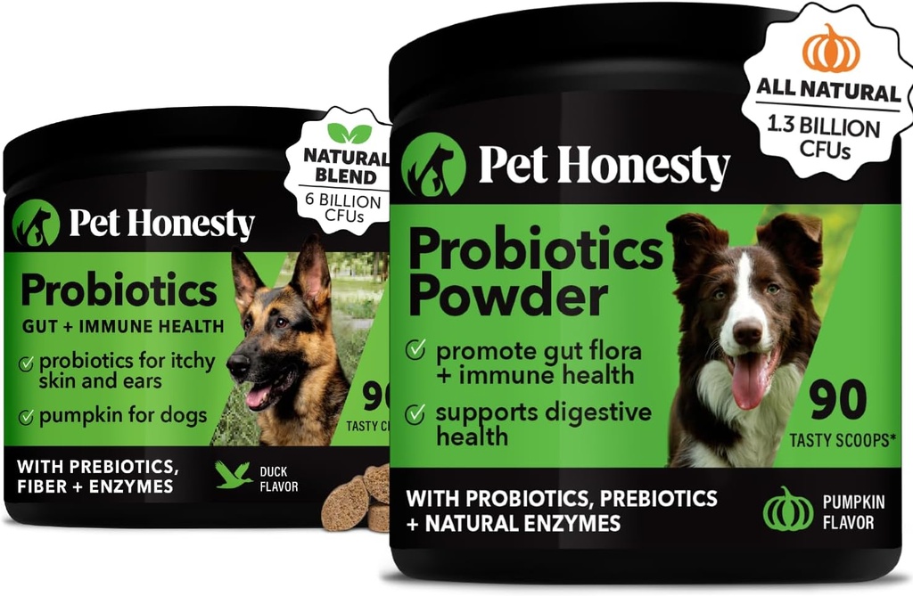 Probiotics Bundle: Dog Probiotics for Diarrhea & Bowel Support Chews & Powder with Digestive Enzymes for Gut Health (Duck 90 ct)