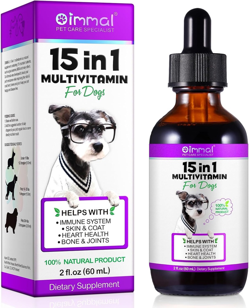 Multivitamine de chien liquide - 15 vitamines de chien en 1 Multivitamine, soutenir la peau et le manteau, le coeur, les os et la santé articulaire, les vitamines et suppléments pour animaux de compagnie (2 Fl Oz)