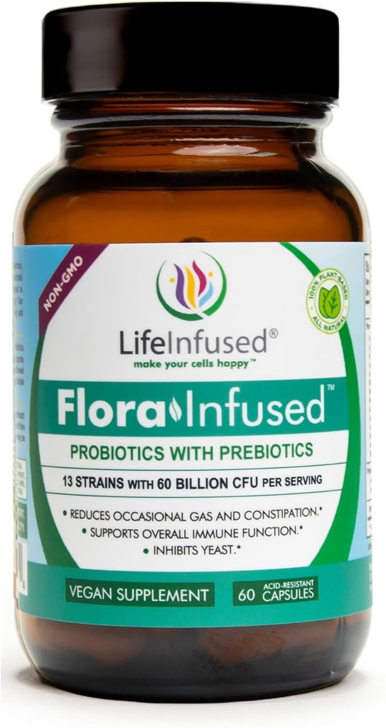Life Infused - Flora Infused Probiotiques avec Prébiotiques – 50 Million CFU, 13 souches, un mélange enzymatique propriétaire pour promouvoir la santé digestive et améliorer la fonction immunitaire. Vegan - 60 gélules