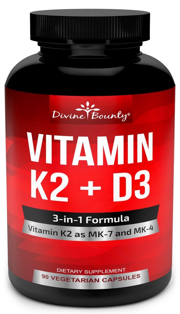 Vitamine K2 (MK7 et MK4) avec supplément D3 - Vitamine K & D comme MK-7 100mcg, MK-4 500mcg et 5000 UI Vitamine D3 3-en-1 Formule - Bone et soutien cardiaque - 90 Capsules végétales non OGM