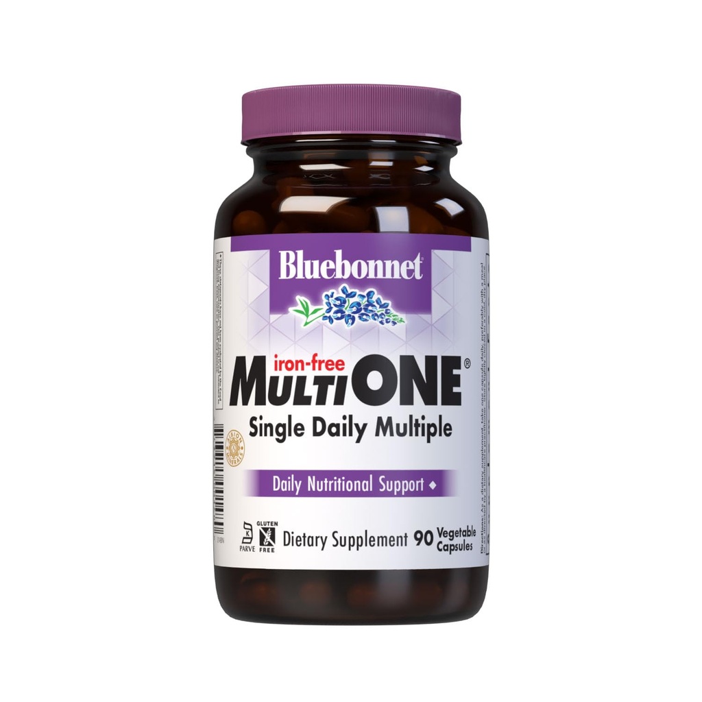 Bluebonnet Nutrition Multi One (sans fer) Capsules végétales, Multiple spectre complet, Vitamines B, Santé générale, Sans gluten et sans lait, Kosher, Approvisionnement de 3 mois, Blanc, 90 Compte