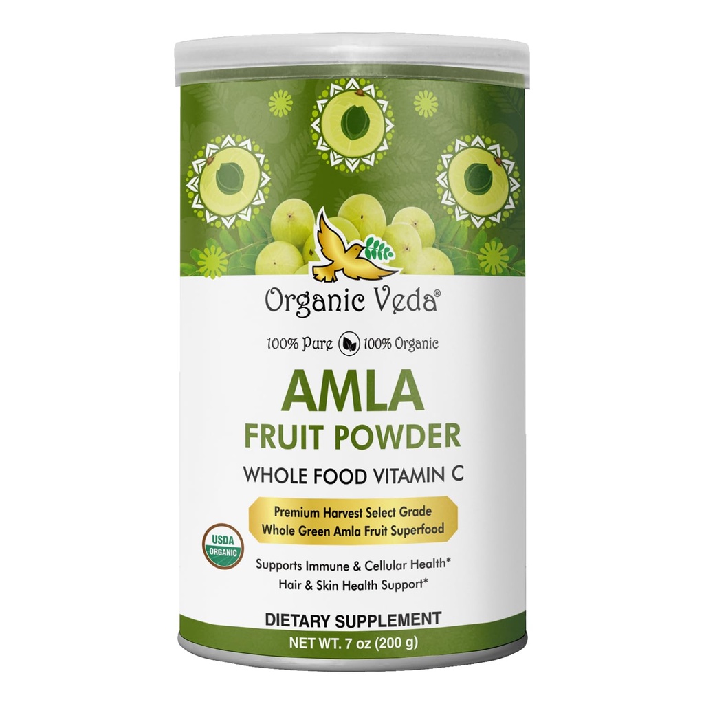 Poudre Veda Amla biologique biologique, 7oz - Poudre de Gooseberry indien pour cheveux - 100% poudre de fruits Amla pure riche en vitamine C, antioxydants, soutient l'immunité, la digestion et la santé de la peau, non-OGM, végétalien