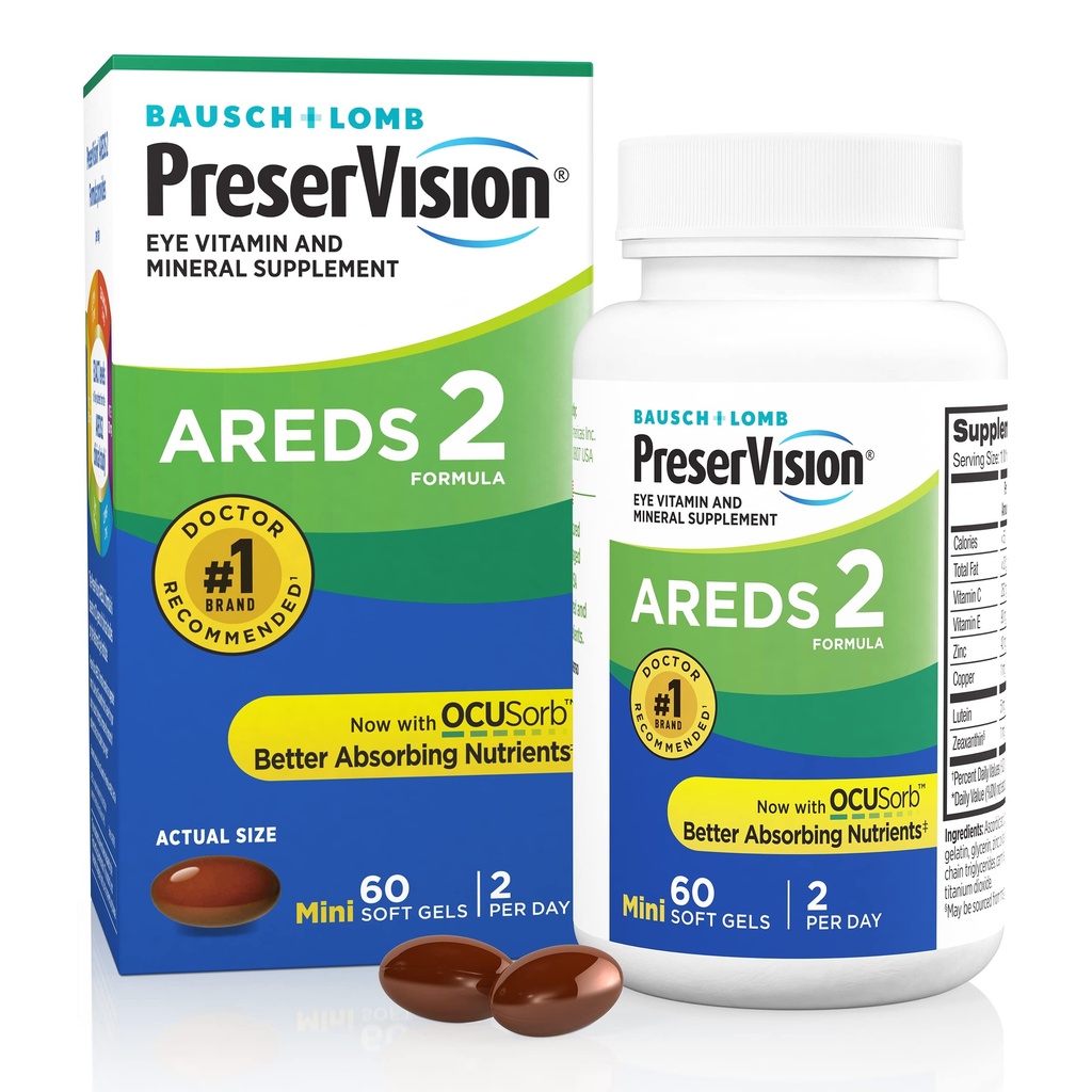 PreserVision AREDS 2 Vitamines oculaires, #1 Eye Doctor Marque recommandée, supplément de lutéine et de zéaxanthine avec vitamine C, vitamine E, zinc et cuivre, 60 softgels (minigels)