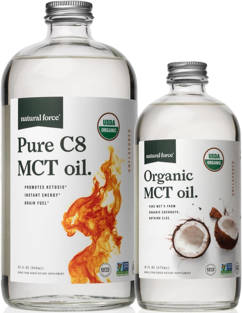 Force naturelle Bio pure C8 + Bio pleine spectre MCT Huile – USDA Organic, non OGM, 100% pur noix de coco MCT – Keto, Paléo, Vegan et Kosher – 32 Oz et 16 Oz bouteilles en verre