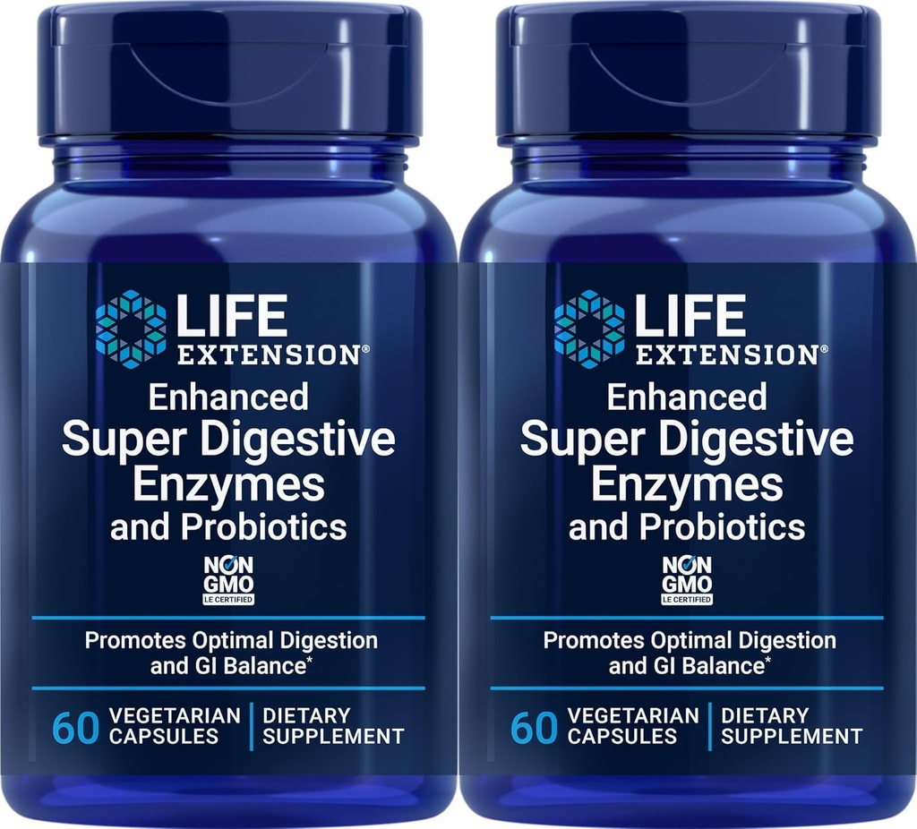 Extension de vie Super enzymes digestives améliorées et probiotiques, 60 capsules végétariennes (paquet de 2)