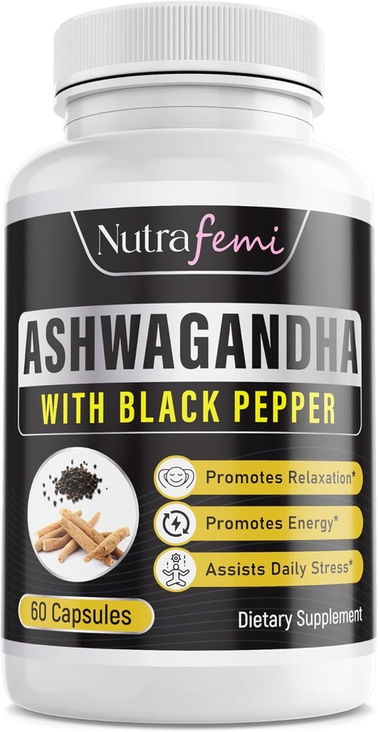 Ashwagandha biologique avec poivre noir pour absorption imparfaite. Résistant au stress, augmente les niveaux d'énergie et soutient l'amélioration de la mémoire- 650 Mg 60 Capsules
