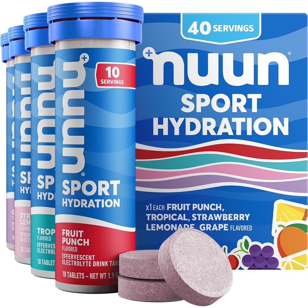 Nuun Sport Electrolyte Tablets with Magnesium, Calcium, Potassium, Chloride & Sodium, Gluten Free & Vegan, Mixed Flavors, 4 Pack (40 Servings Total)
