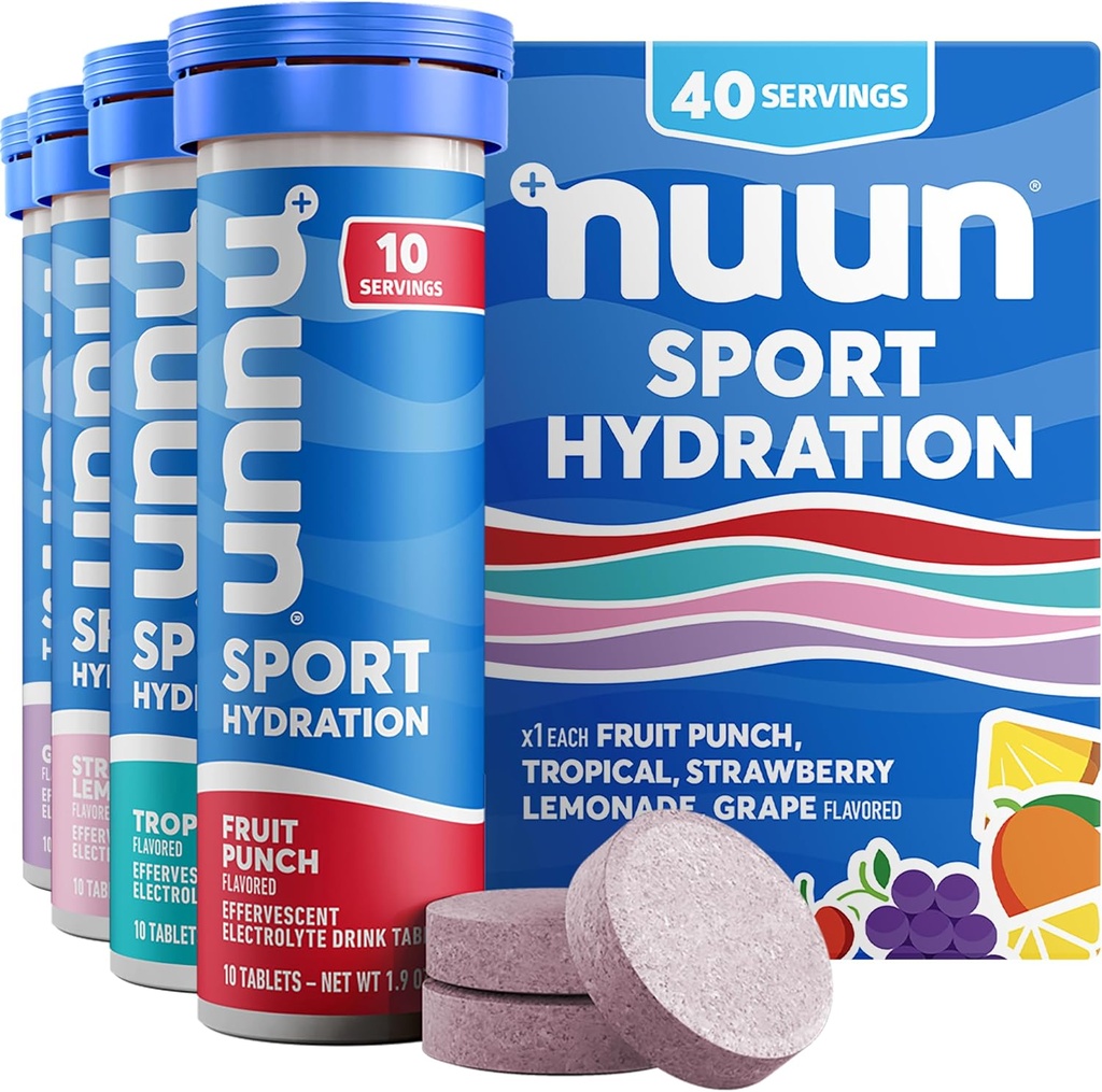 Tablettes électrolytiques Nuun Sport avec Magnésium, Calcium, Potassium, Chlorure et sodium, Sans gluten et végétalien, Arômes mélangés, 4 Pack (40 portions Total)