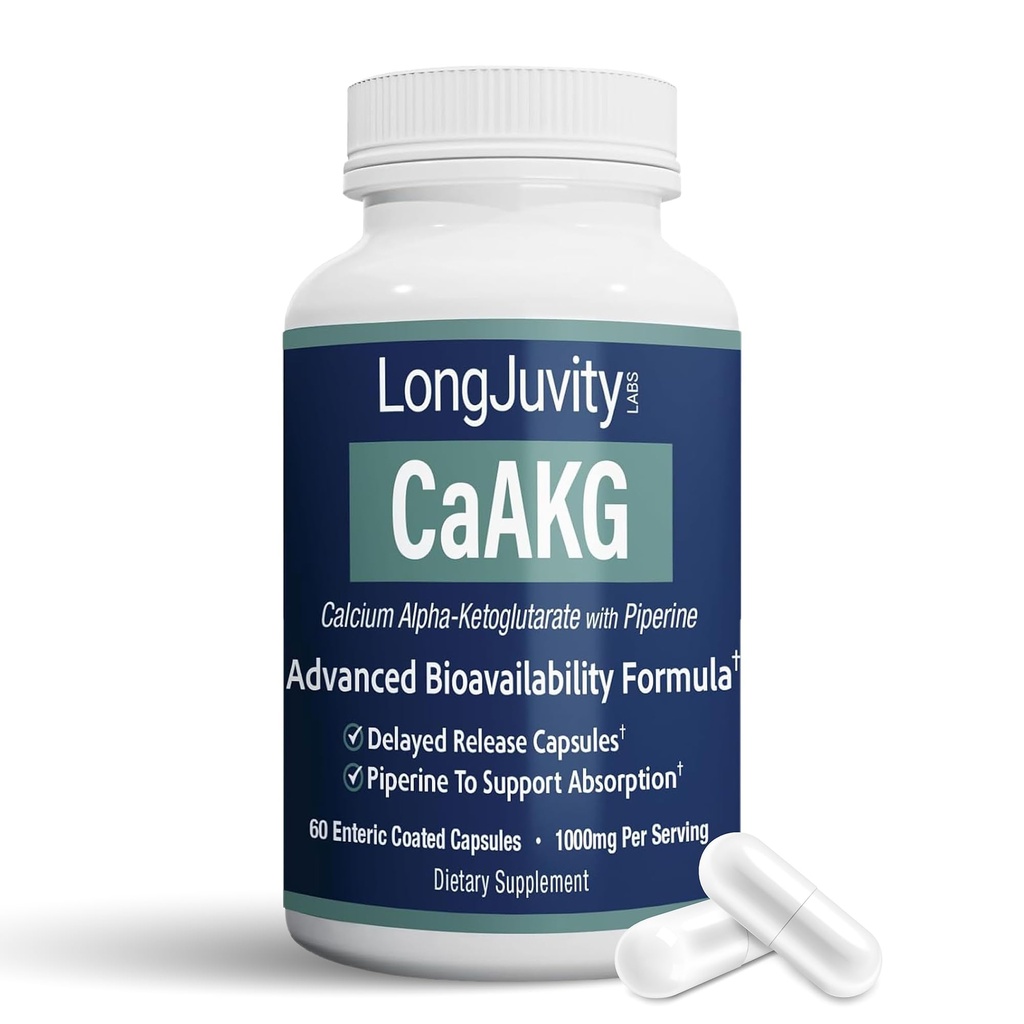 LongJuvity Calcium Alpha-Ketoglutarate Time Release AKG Supplément (1 000 mg par portion) - Gut Heath, Bone Health, Anti Vieillissement et Longévité - Testé en laboratoire indépendant (60 gélules enrobées entériques)