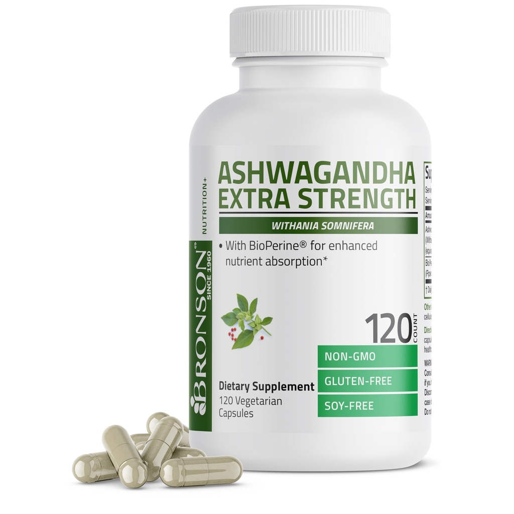 Bronson Ashwagandha Extra Strength Stress & Mood Support avec BioPerine - Formule non OGM, 120 Capsules végétariennes
