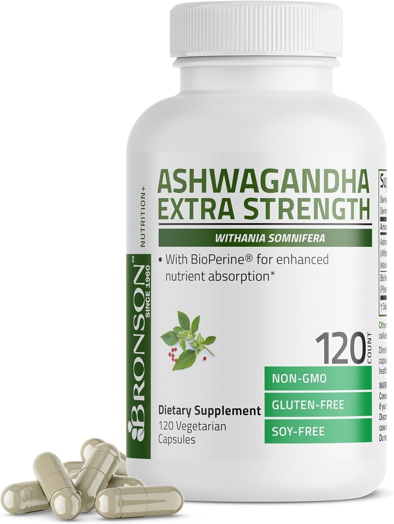 Bronson Ashwagandha Extra Strength Stress & Mood Support avec BioPerine - Formule non OGM, 120 Capsules végétariennes