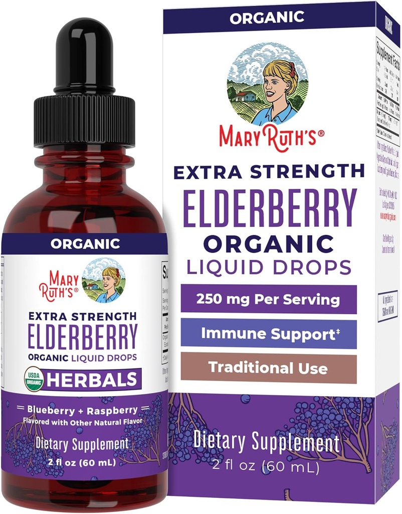 MaryRuth Organics Sirop Elderberry Extra Strength, USDA Bio Elderberry, Supplément de soutien immunitaire pour adultes et enfants sans sucre pour les âges 1+, Projet d'étiquette propre Vérifié®, végétalien, sans gluten, 2 Fl Oz