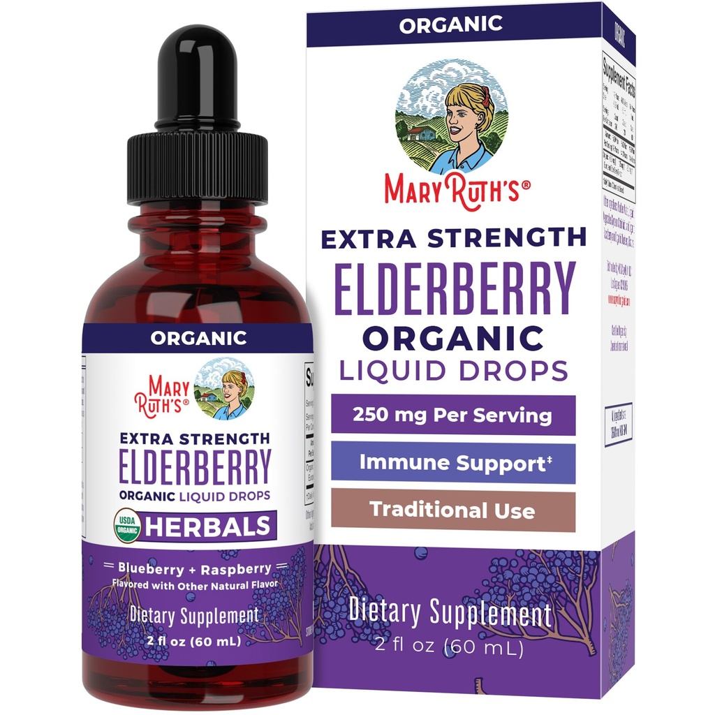 MaryRuth Organics Sirop Elderberry Extra Strength, USDA Bio Elderberry, Supplément de soutien immunitaire pour adultes et enfants sans sucre pour les âges 1+, Projet d'étiquette propre Vérifié®, végétalien, sans gluten, 2 Fl Oz