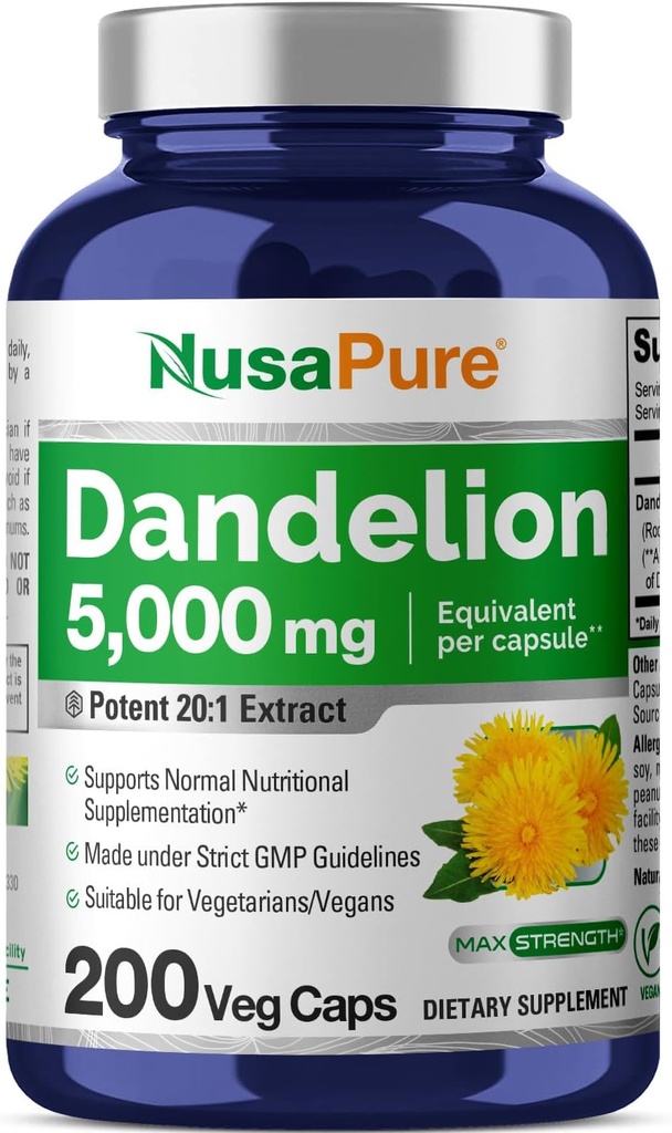 NusaPure Dandelion Root 20:1 Extract, 250 mg Equivalent to 5000mg 200 Veg Capsules (Vegan, Non-GMO)