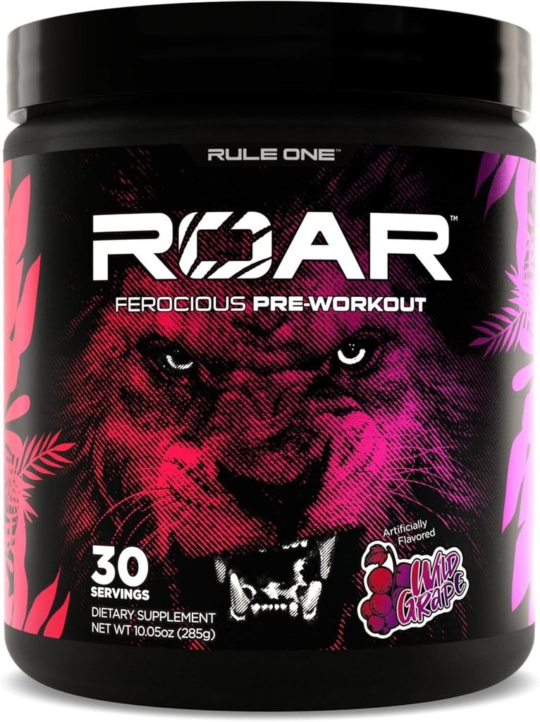 Règle 1 R1 Roar - Poudre de pré-travail avec créatine, bêta-alanine, citrulline, électrolytes et caféine (30 portions, raisins sauvages)