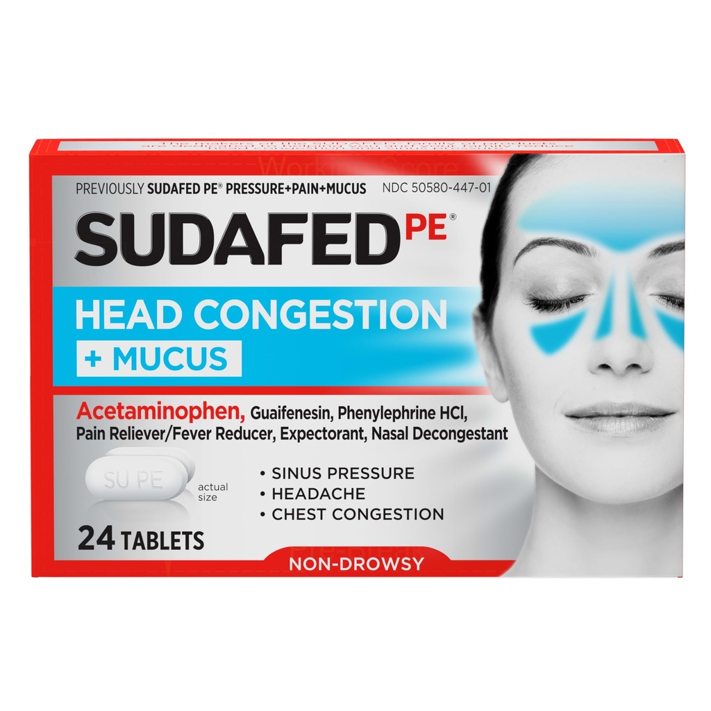 Congestion de tête de PE Sudafed + Comprimés de soulagement mucus pour pression sinusale, congestion, et maux de tête, non somnolente, avec acétaminophène, Guaïfènesine et Phénylephrine HCI, 24 ct