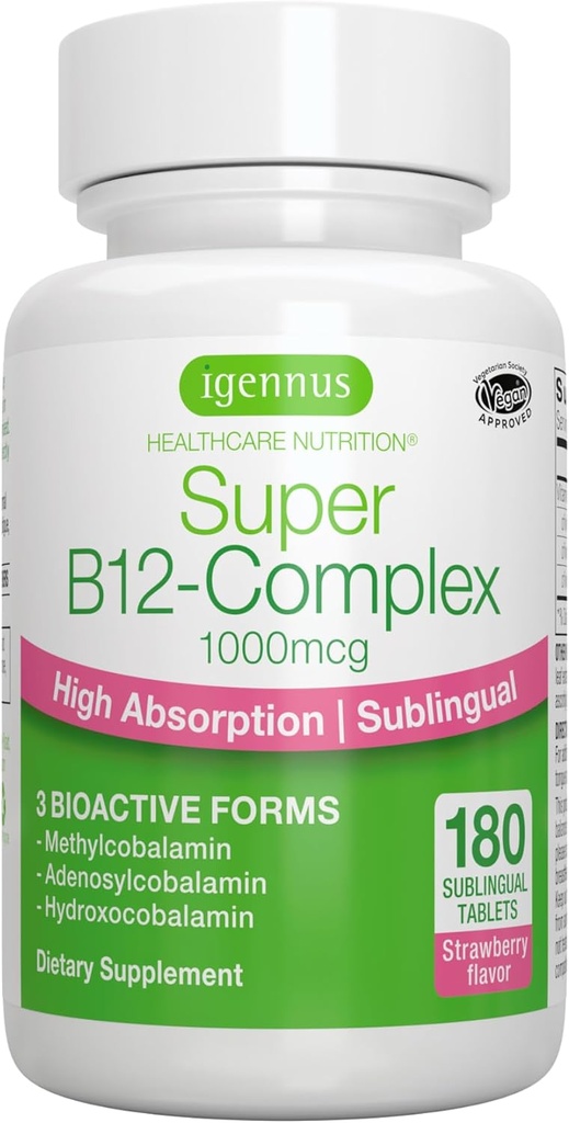 Igennus Sublingual Vitamine B12 Complexe 1000mcg, méthylcobalamine, adénosylcobalamine et hydroxocobalamine, haute absorption et propre, 180 portions, sans sucre et végétalien