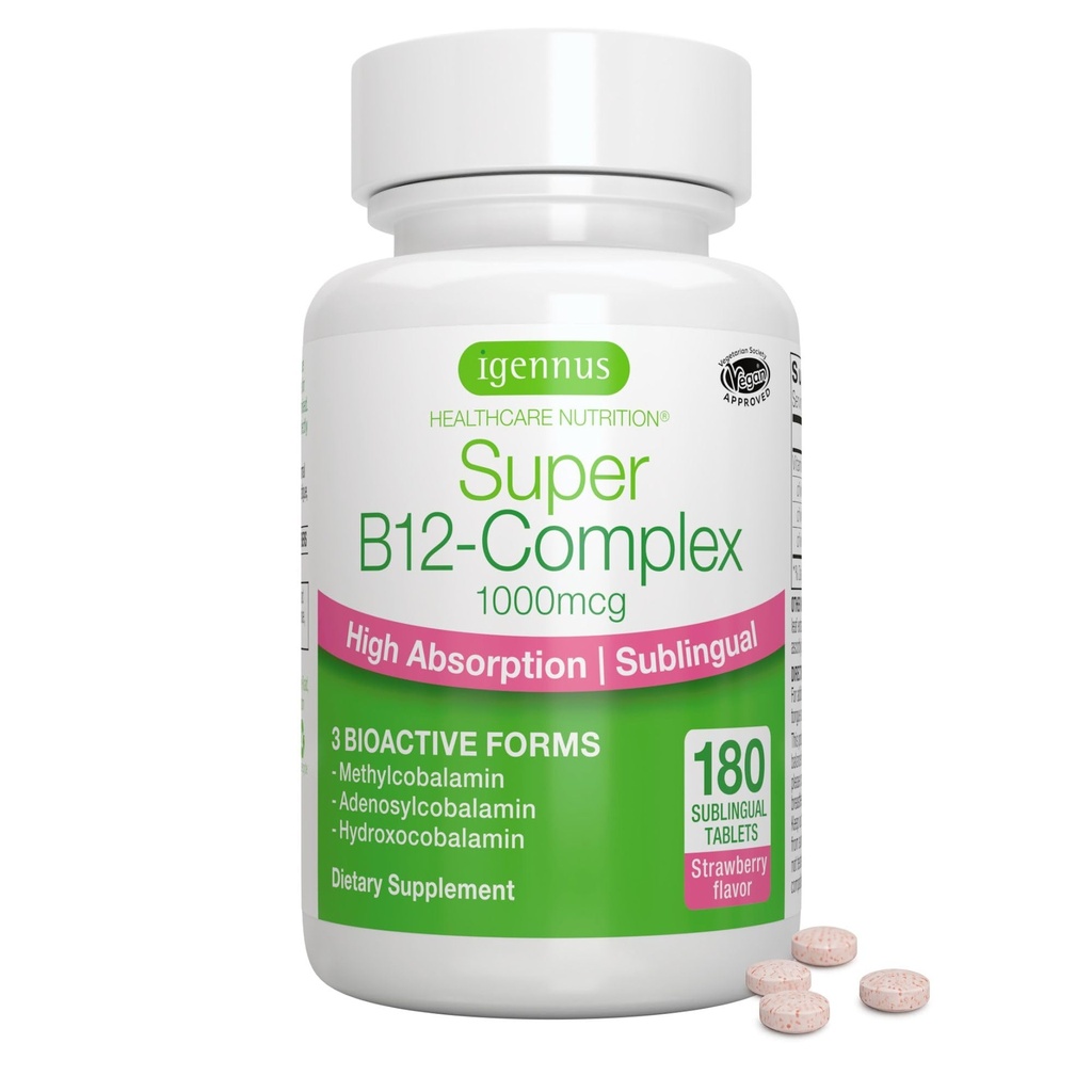 Igennus Sublingual Vitamine B12 Complexe 1000mcg, méthylcobalamine, adénosylcobalamine et hydroxocobalamine, haute absorption et propre, 180 portions, sans sucre et végétalien