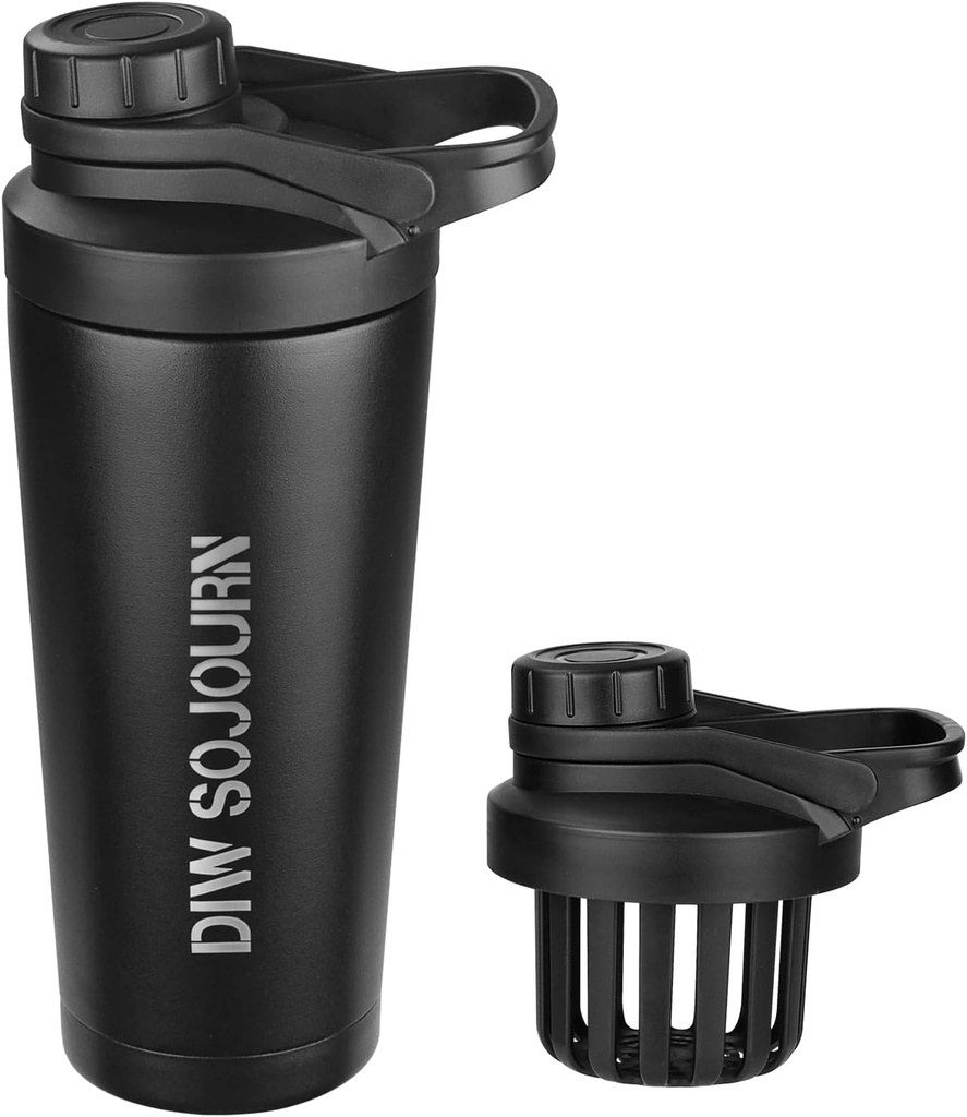 Bouteille de shaker DIW 24 oz,Bouteille de shaker en acier inoxydable au design sans bruit,Bouteille de shaker en métal isolé pour les mélanges de protéines et préentraînement,Gym Bouteille Shaker(Noir)