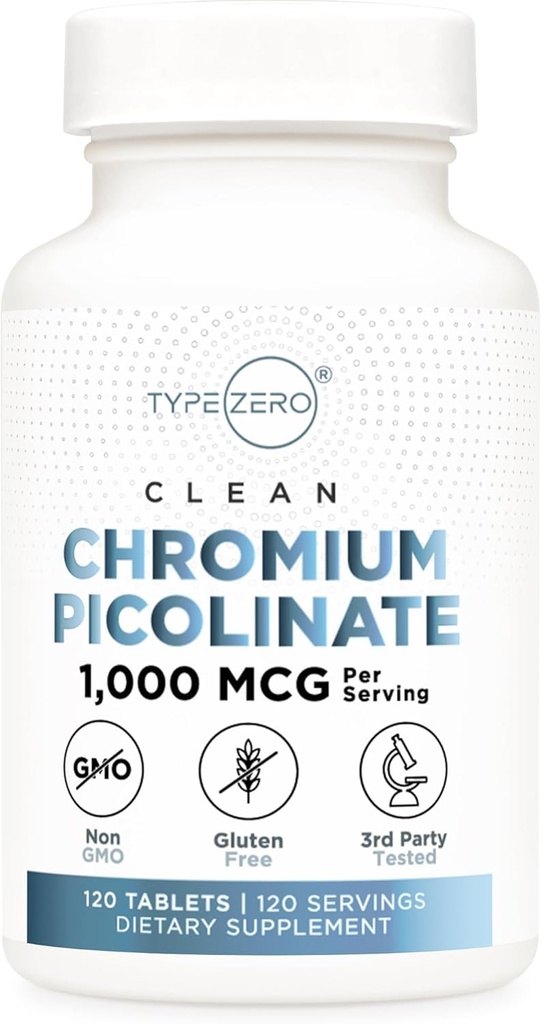Comprimés de picolinate de chrome propre de type zéro (120 portions, 1 000 MCG par portion) - Non-OGM, sans gluten