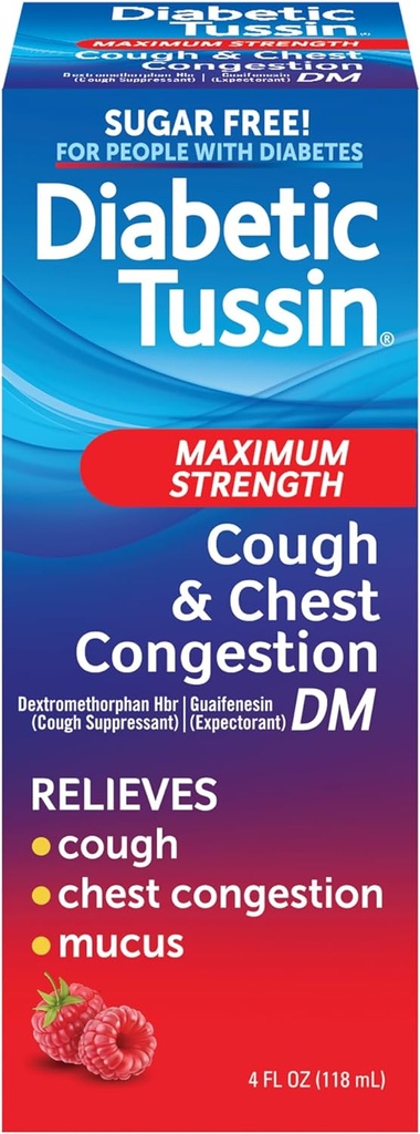 Tussin diabétique DM Toux maximale et soulagement de la congestion thoracique Sirop de la toux liquide, sans danger pour les diabétiques, aromatisé aux baies, 4 Fl Oz (paquet de 1)