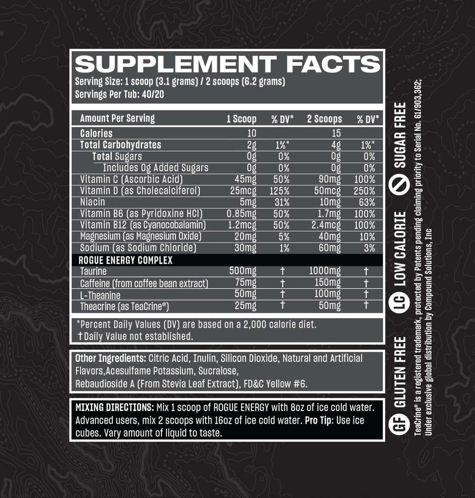 Rogue Energy Energy Powder for Long Gaming Hours - Energy Powder for Mental Focus - Sans sucre et sans gluten - Supplément de jeu avec caféine et vitamines - Fabriqué aux États-Unis (Blood Orange - 40 portions)