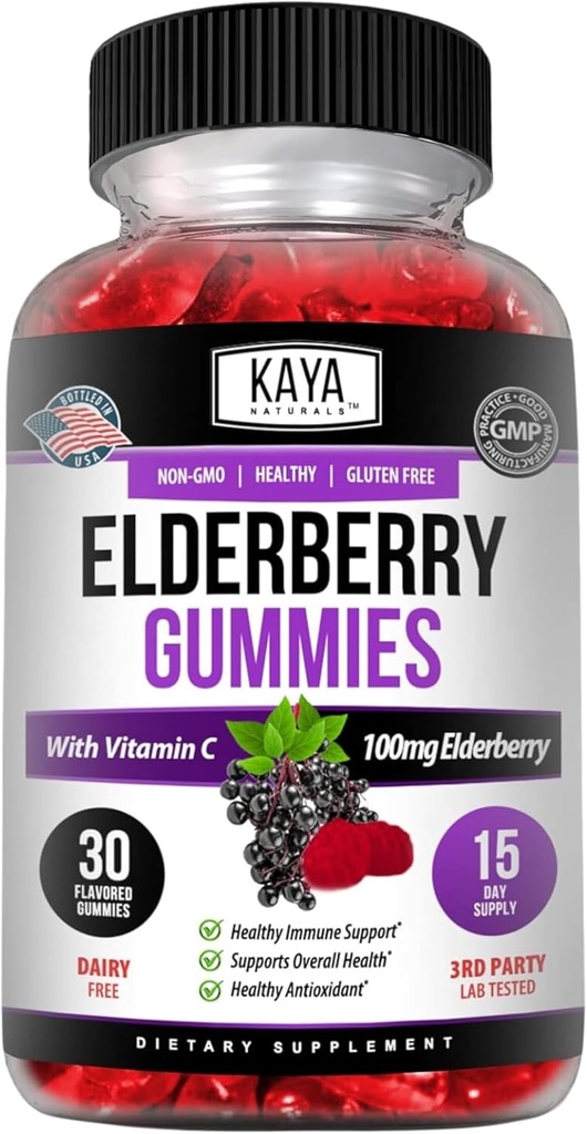 Kaya Naturals Immune Soutien Végétarien Vitamine Gummy, Zinc, Vitamine C, Elderberry, Vitamine E, Saveur de citron (30 Gummies)