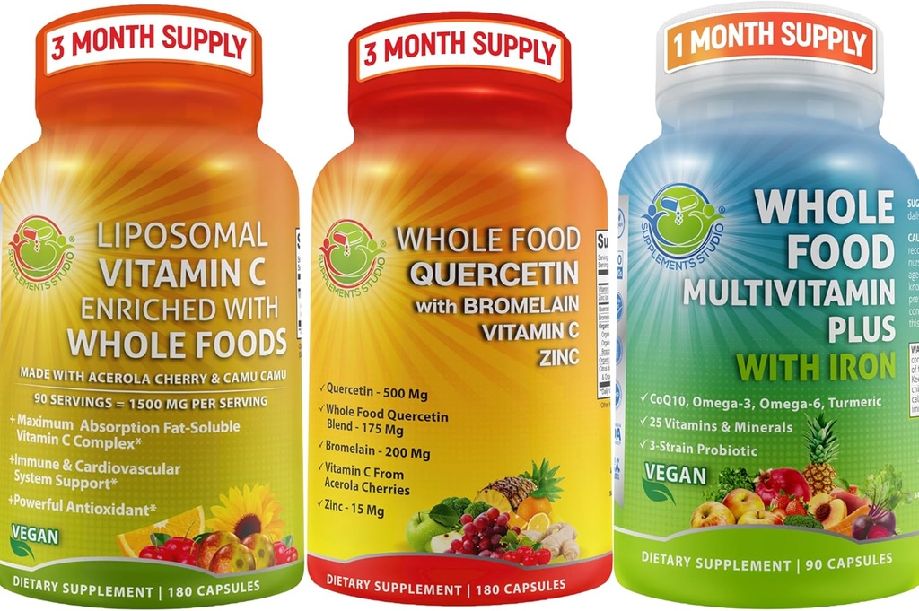 Vitamines quotidiennes complètes - Quercetin avec supplément de bromelain en bloc avec Multivitamin Plus pour les hommes et les femmes avec gel liquide de fer et de vitamine C liposomique - pour le soutien immunitaire, respiratoire, digestif