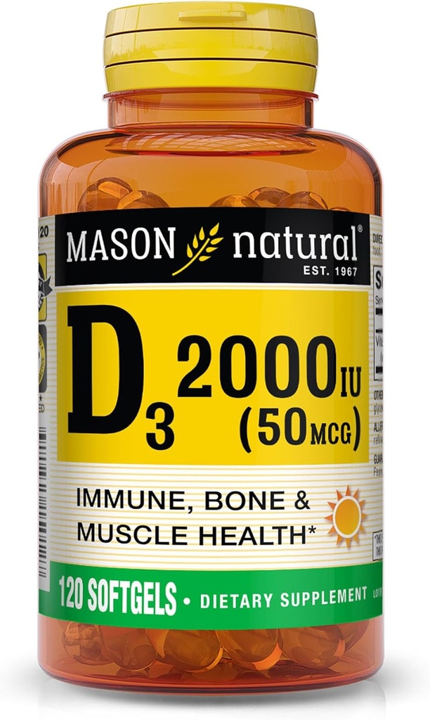 MASON NATURAL Vitamin D3 2,000 IU Ultra Strength, Supports Bone Density, Strength & Immune Health, 120 Softgels