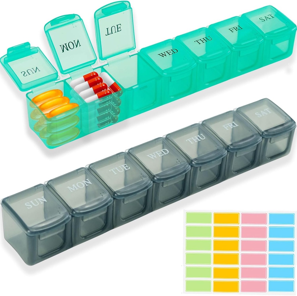 Grand organisateur hebdomadaire de pilules 7 jours, 2 paquets de voyage quotidien Pill Box Conteneur avec étiquette, distributeur de vitamines sans BPA XL Pill cas Organisateurs, AM PM Porte-médicaments pour suppléments d'huile de poisson