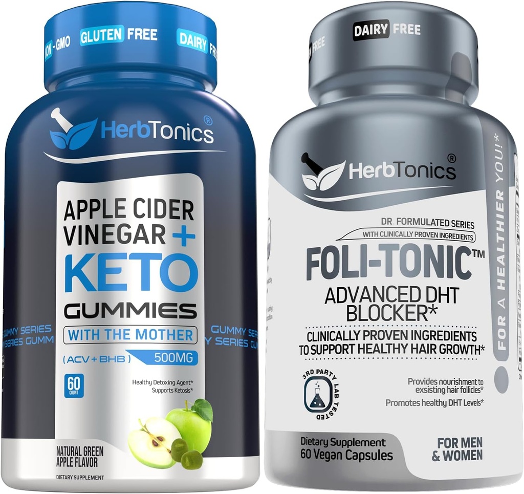 Herbtonics ACV Keto Gummies with The Mother & Keto BHB | Apple Cider Vinegar Gummies - Korean Red Panax Ginseng 1500mg - Foli-Tonic DHT Blocker & Hair Loss Supplement | Hair Thinning Treatment