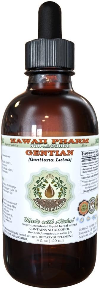 Extrait liquide sans alcool gentian, gentian biologique (Gentiana Lutea) racine séchée glycérite Hawaii Pharm supplément naturel à base de plantes 2 oz