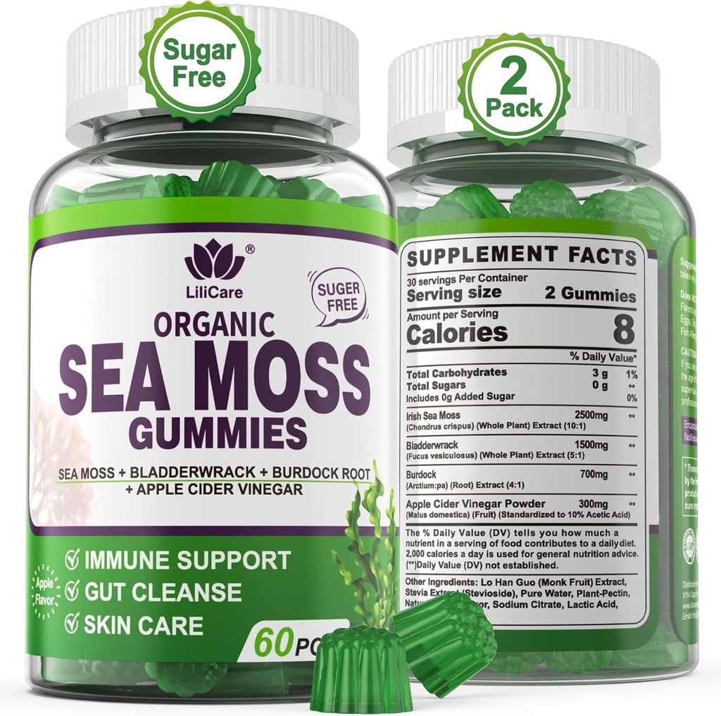 (2 Pack) Gommies de mousse de mer - Gommies de mousse de mer irlandaise pour adultes et enfants - Supplément Superfood avancé Seamoss avec extrait de racine biologique Bladderwrack & Burdock,ACV pour Immune quotidienne, Gut Cleanse, Vegan