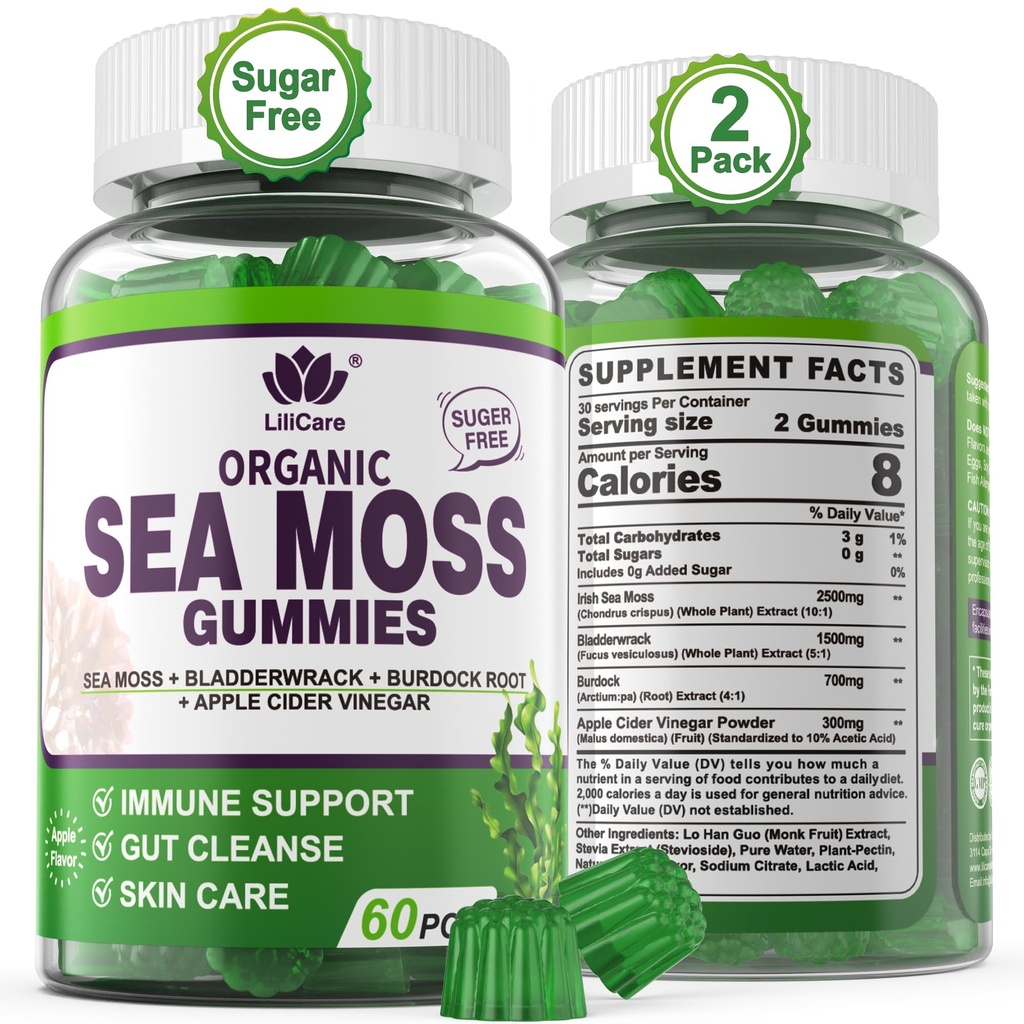 (2 Pack) Gommies de mousse de mer - Gommies de mousse de mer irlandaise pour adultes et enfants - Supplément Superfood avancé Seamoss avec extrait de racine biologique Bladderwrack & Burdock,ACV pour Immune quotidienne, Gut Cleanse, Vegan