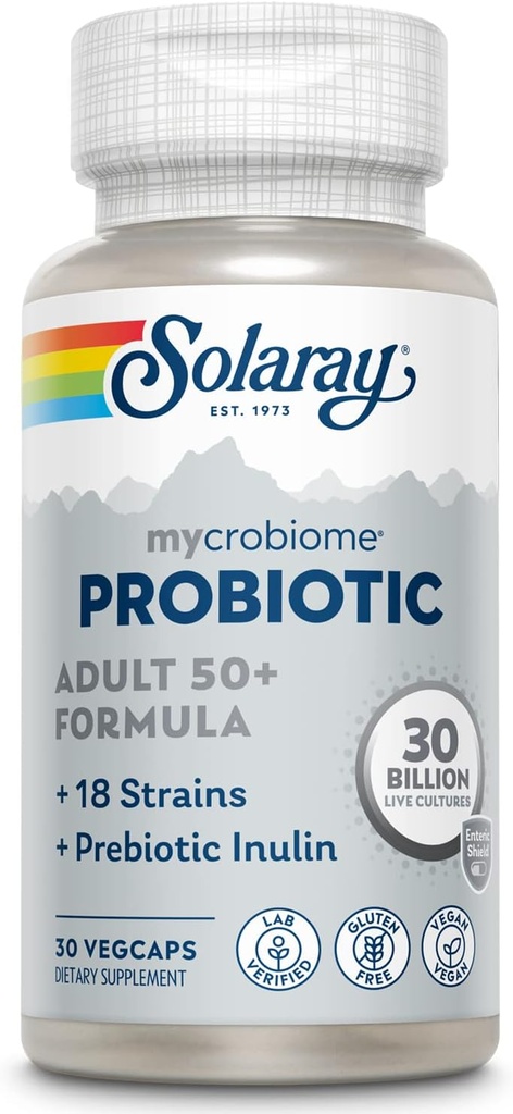 SOLARAY Mycrobiome Probiotique Adulte 50 Plus Formule, Probiotiques pour les femmes et les hommes, Digestion saine, métabolisme, énergie, Colone et soutien urinaire, 30 Million CFU, 30 portions, 30 VegCaps