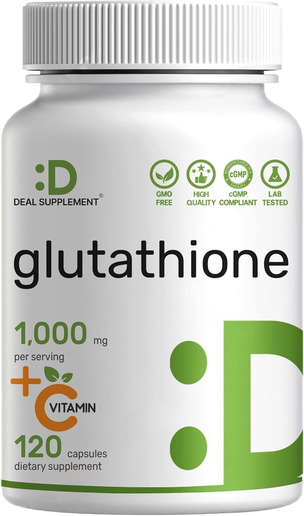Supplément de glutathion 1000mg par portion, 98 % de pureté, plus de vitamine C 500mg, forme active réduite (GSH)