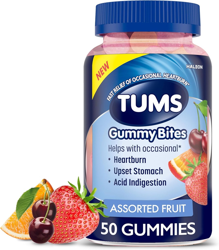 TUMS Gummy Bites Dietary Supplément pour le soulagement occasionnel des brûlures d'estomac, l'estomac relevé et l'indigestion acide, les arômes de fruits assortis - 50 Compte