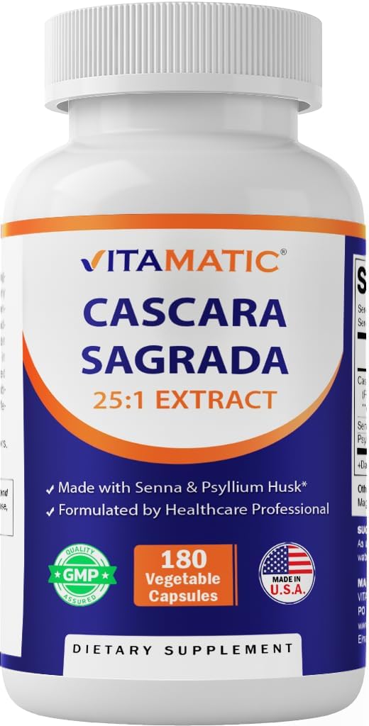 Vitamatic Cascara Sagrada Fabriqué avec Senna & Psyllium Husk - 180 Capsules de Veg - Concentré 25X Puissance - Tout naturel - Non-OGM