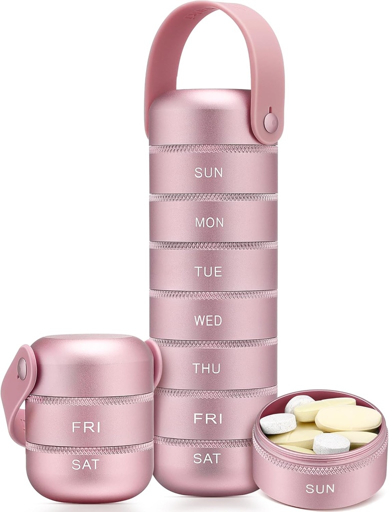 Zannaki Metal Weekly Pill Organizer, Grande Pill Box 7 Jour, Etanche Daily Pill Case avec poignée en silicone, Aluminium Portable Pill Holder Container pour Vitamine, Médecine, Supplément,Pills