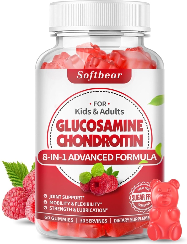 softbear Glucosamine Chondritine Gummies, sans sucre Glucosamine Chondritine MSM Supplément avec Elderberry Turmeric soutient la santé conjointe et l'antioxydant, framboise aromatisée 60 comte