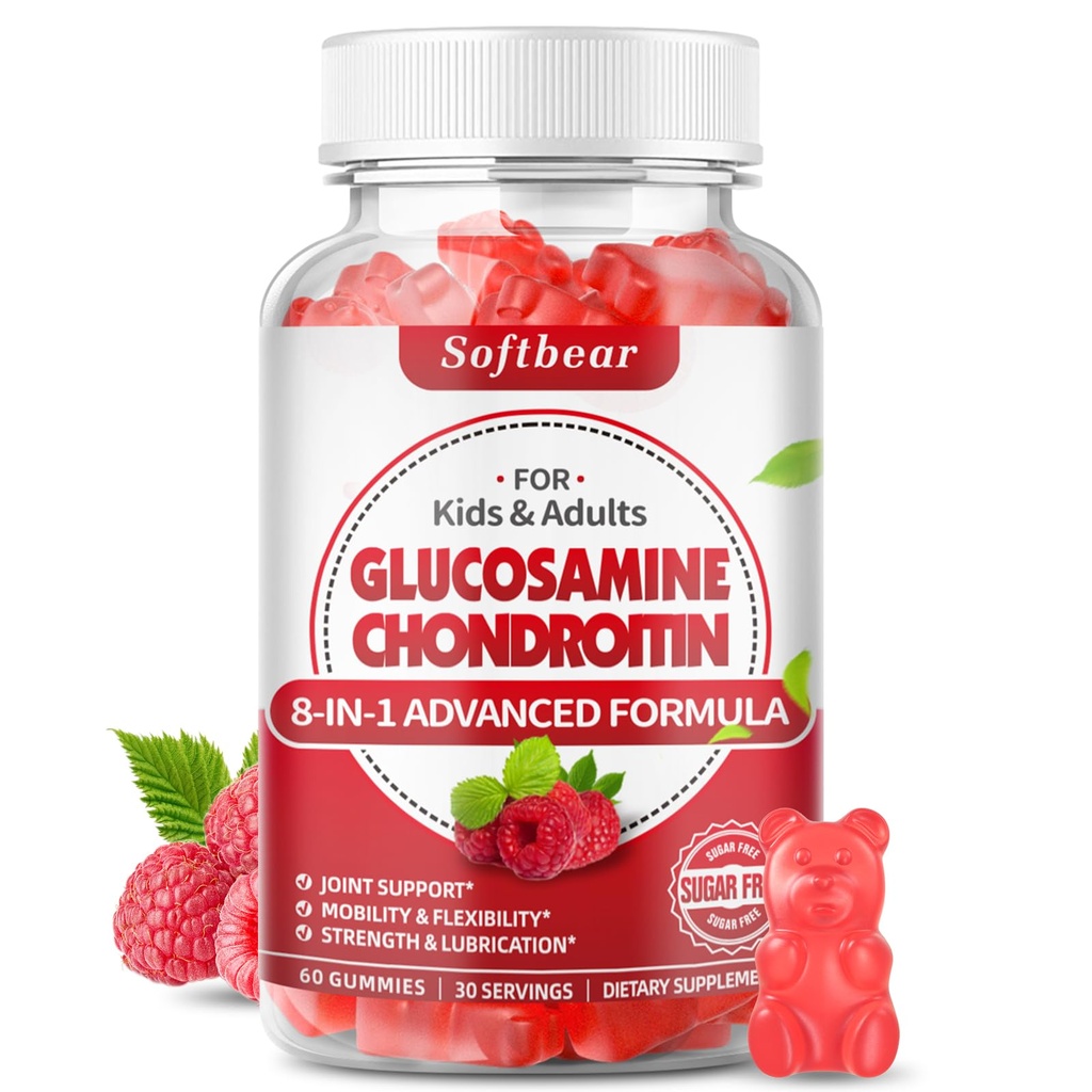 softbear Glucosamine Chondritine Gummies, sans sucre Glucosamine Chondritine MSM Supplément avec Elderberry Turmeric soutient la santé conjointe et l'antioxydant, framboise aromatisée 60 comte