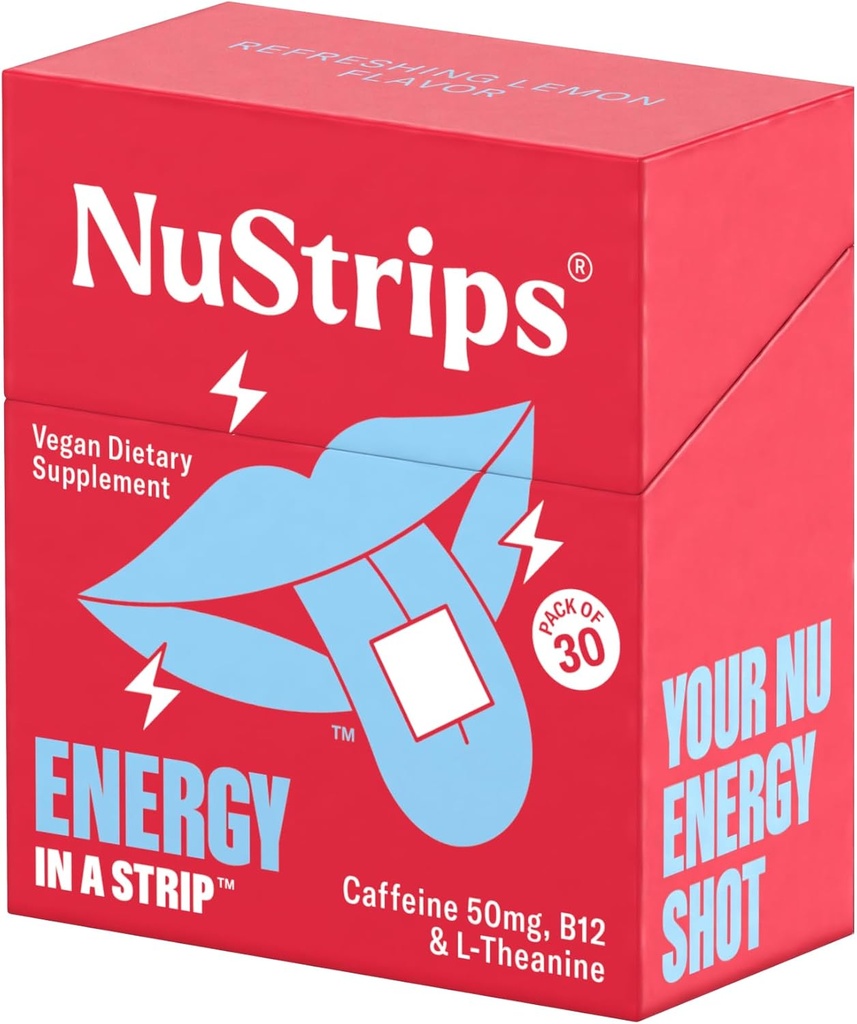 NuStripsTM Bandes d'énergie à dissolution rapide avec 50 mg de caféine, L-Theanine et vitamine B12 – Énergie instantanée et focus sans jitters ou crash – fonctionne plus vite que le café – Lemon rafraîchissant – 30 bandes